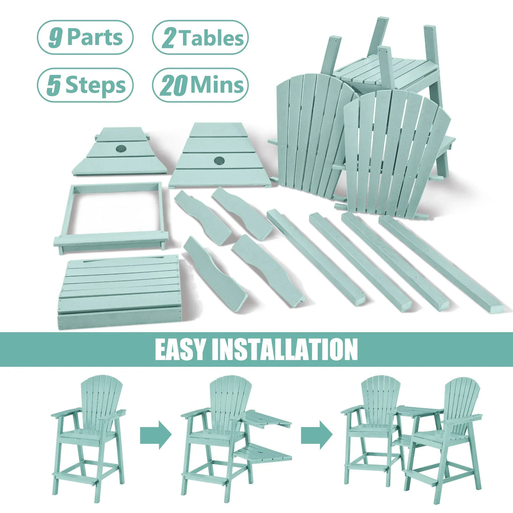 Tall Adirondack Chairs Set of 2，Outdoor Adirondack Barstools with Double Connecting Tray Patio Stools Weather Resistant for Outdoor Deck Lawn Pool Backyard, Aruba Blue