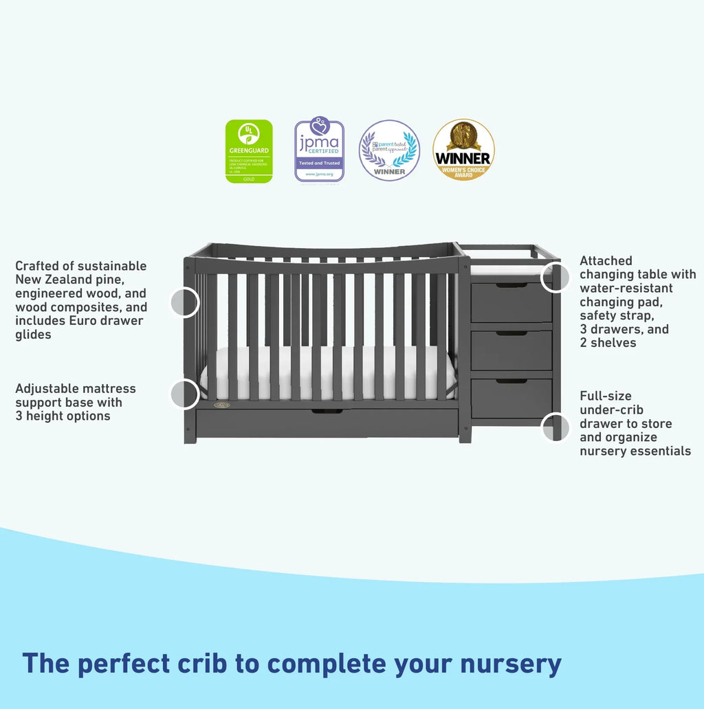 Graco Remi 4-in-1 Convertible Baby Crib and Changer, Gray