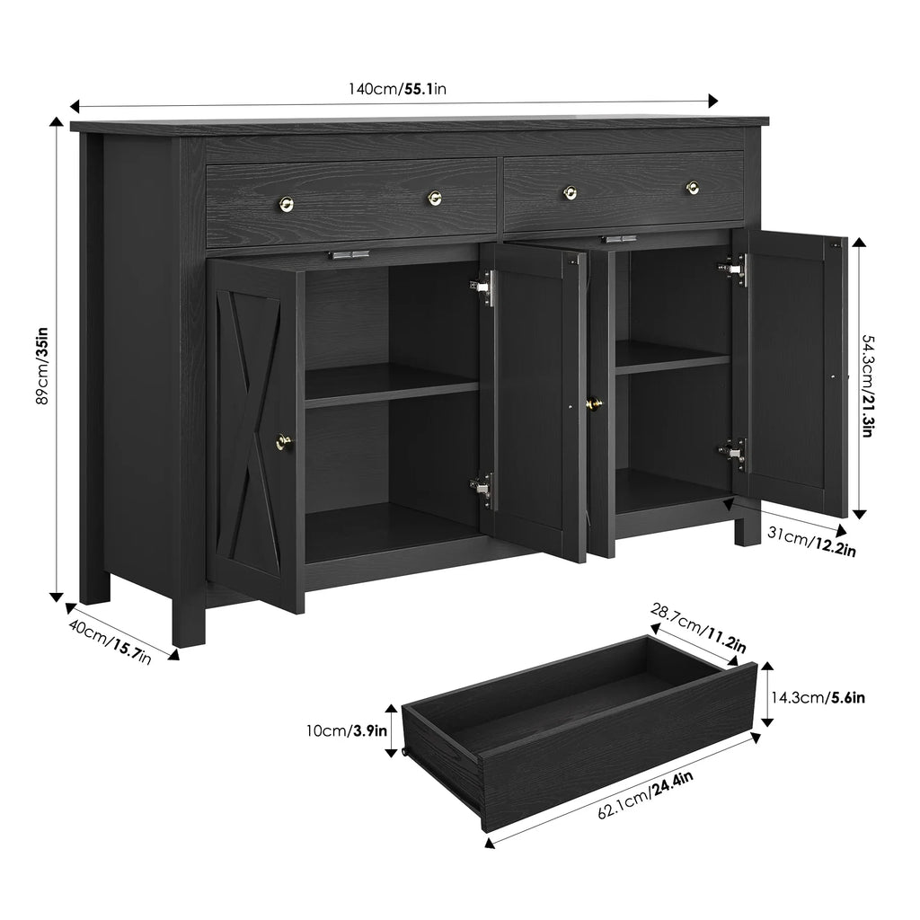 Homfa 4-Doors 2-Drawers Farmhouse Storage Cabinet, Wood Sideboard with Adjustable Shelves, Black