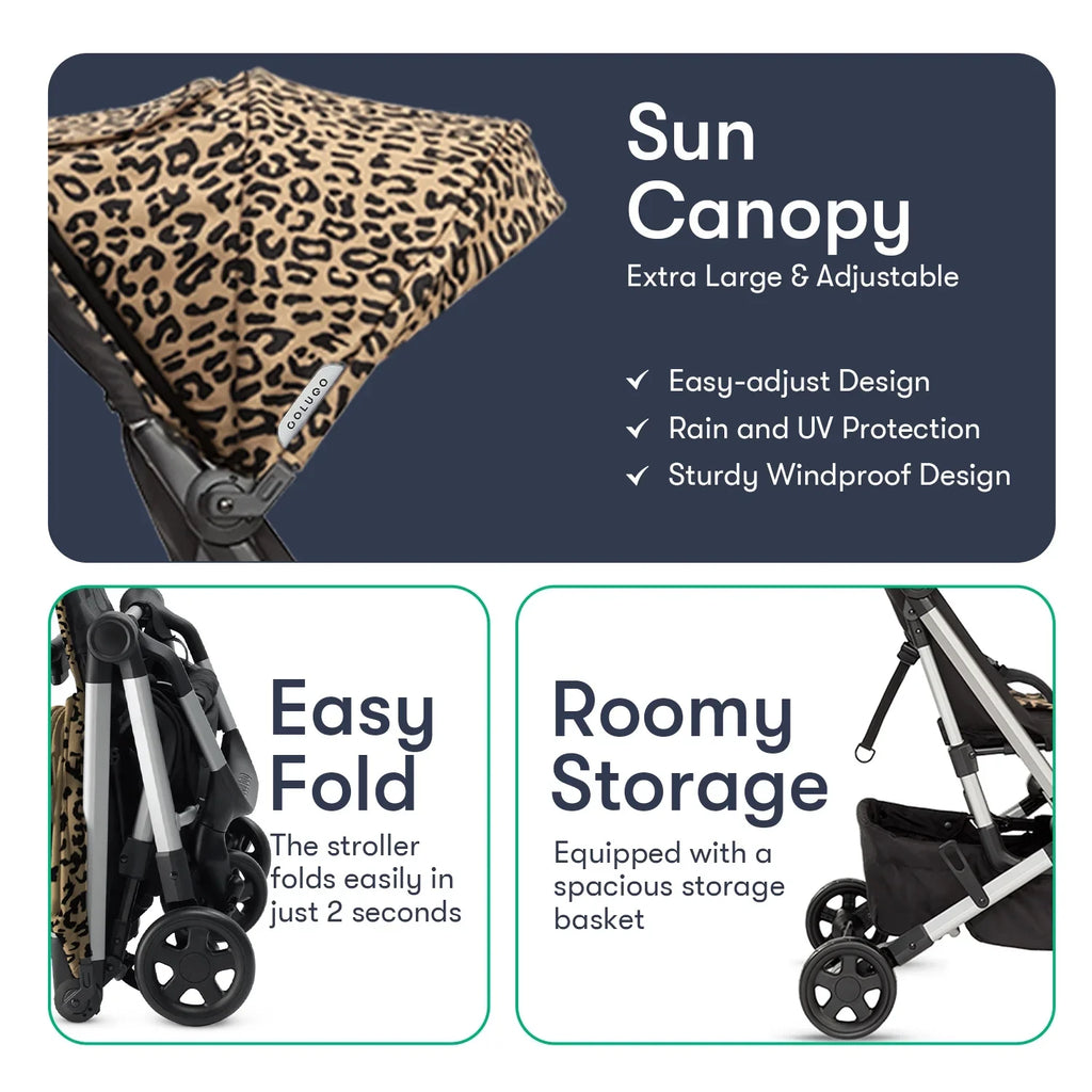 Colugo Compact Stroller - One Hand Fold Lightweight Stroller, Travel Stroller with Rain Cover, Backpack and Cup Holder, Wild Child