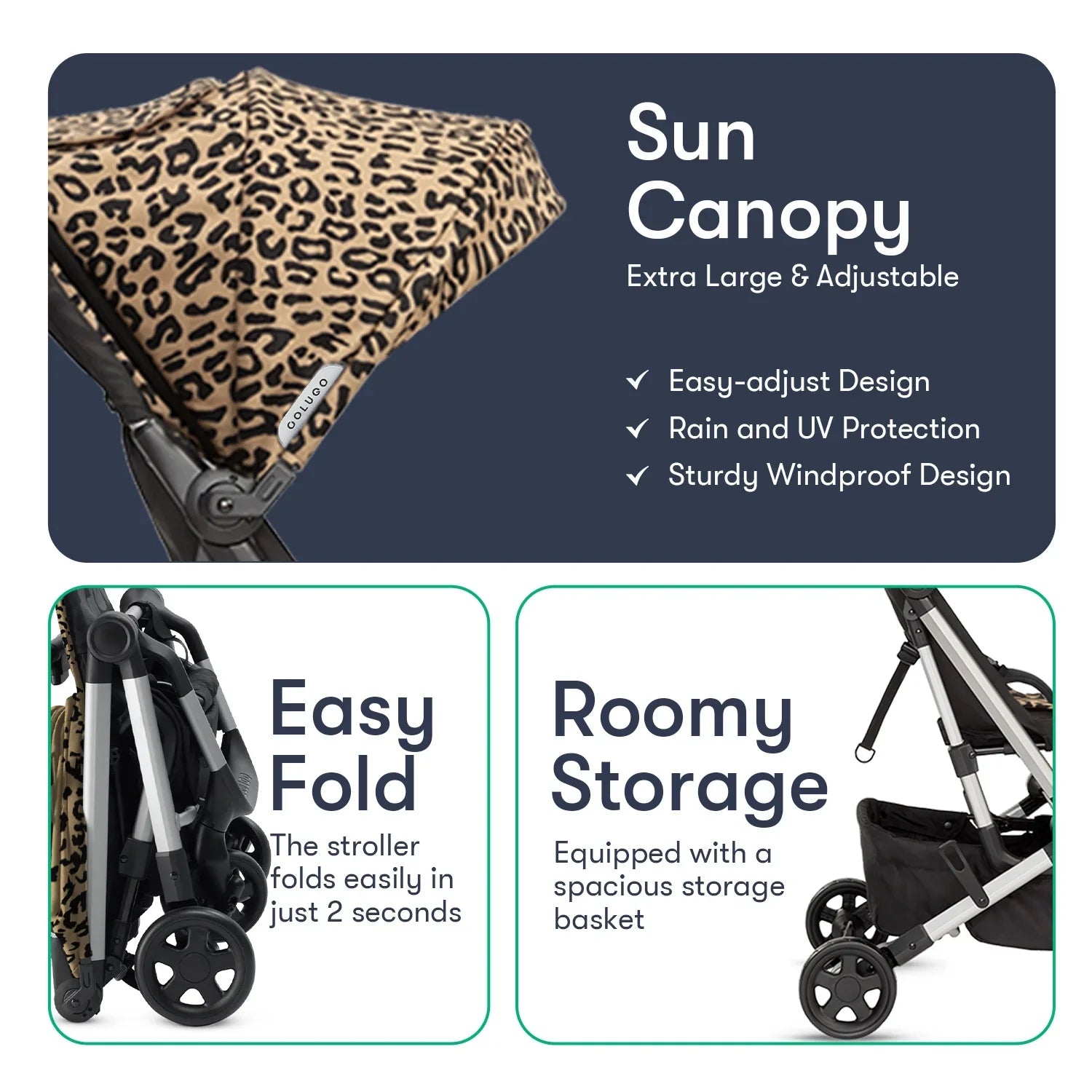 Colugo Compact Stroller - One Hand Fold Lightweight Stroller, Travel Stroller with Rain Cover, Backpack and Cup Holder, Wild Child