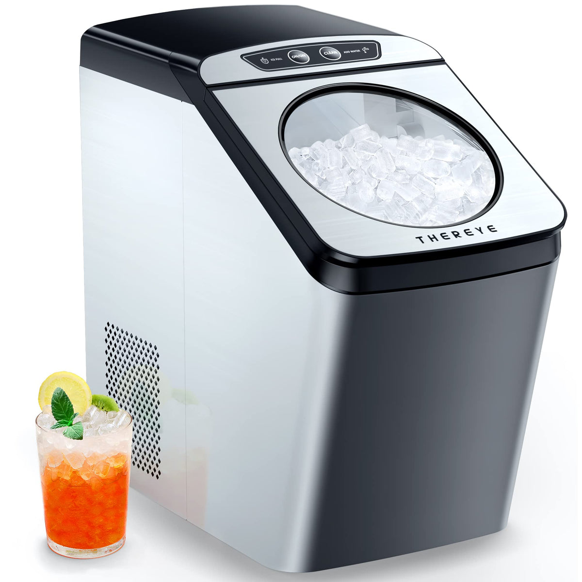 Thereye Countertop Nugget Ice Maker, Top-Loading Pebble Ice Maker Machine, 30lbs Per Day, 2 Ways Water Refill, Self-Cleaning, Stainless Steel Finish Ice Machine for Home Office Bar Party