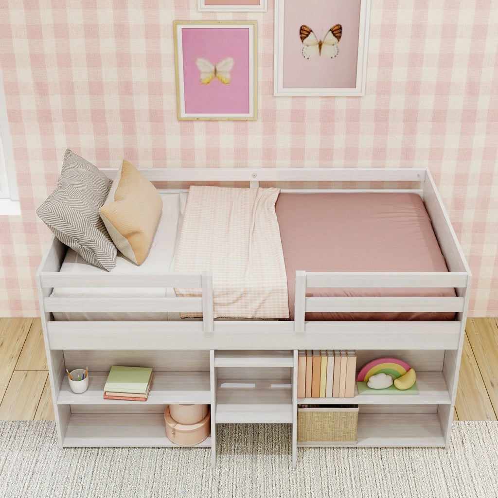 Max & Lily Modern Farmhouse Low Loft Bed, Twin Bed Frame for Kids with 2 Bookcases