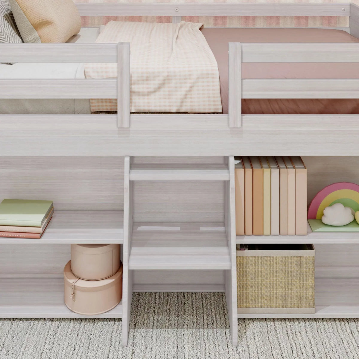 Max & Lily Modern Farmhouse Low Loft Bed, Twin Bed Frame for Kids with 2 Bookcases