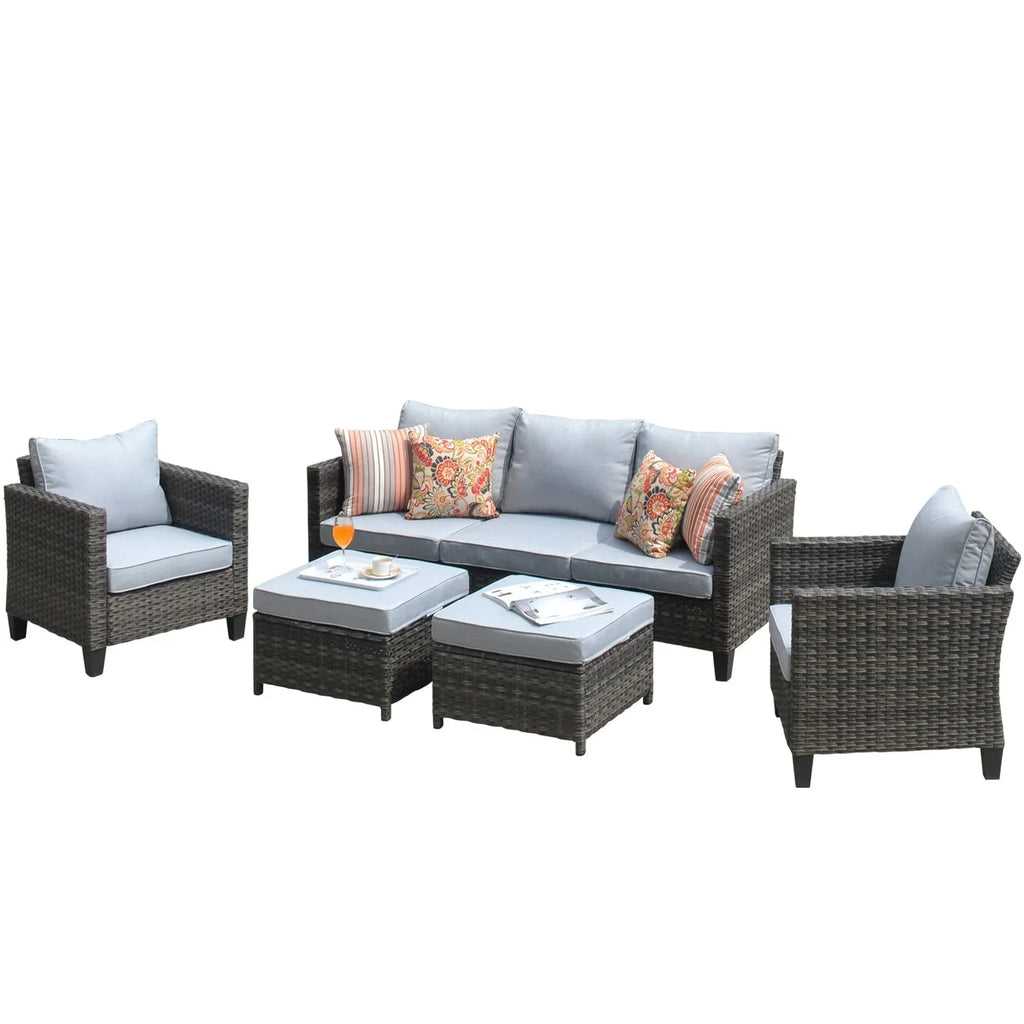 OVIOS  5-piece Patio Furniture Wicker Outdoor High-back Seating Set Grey/Black frame
