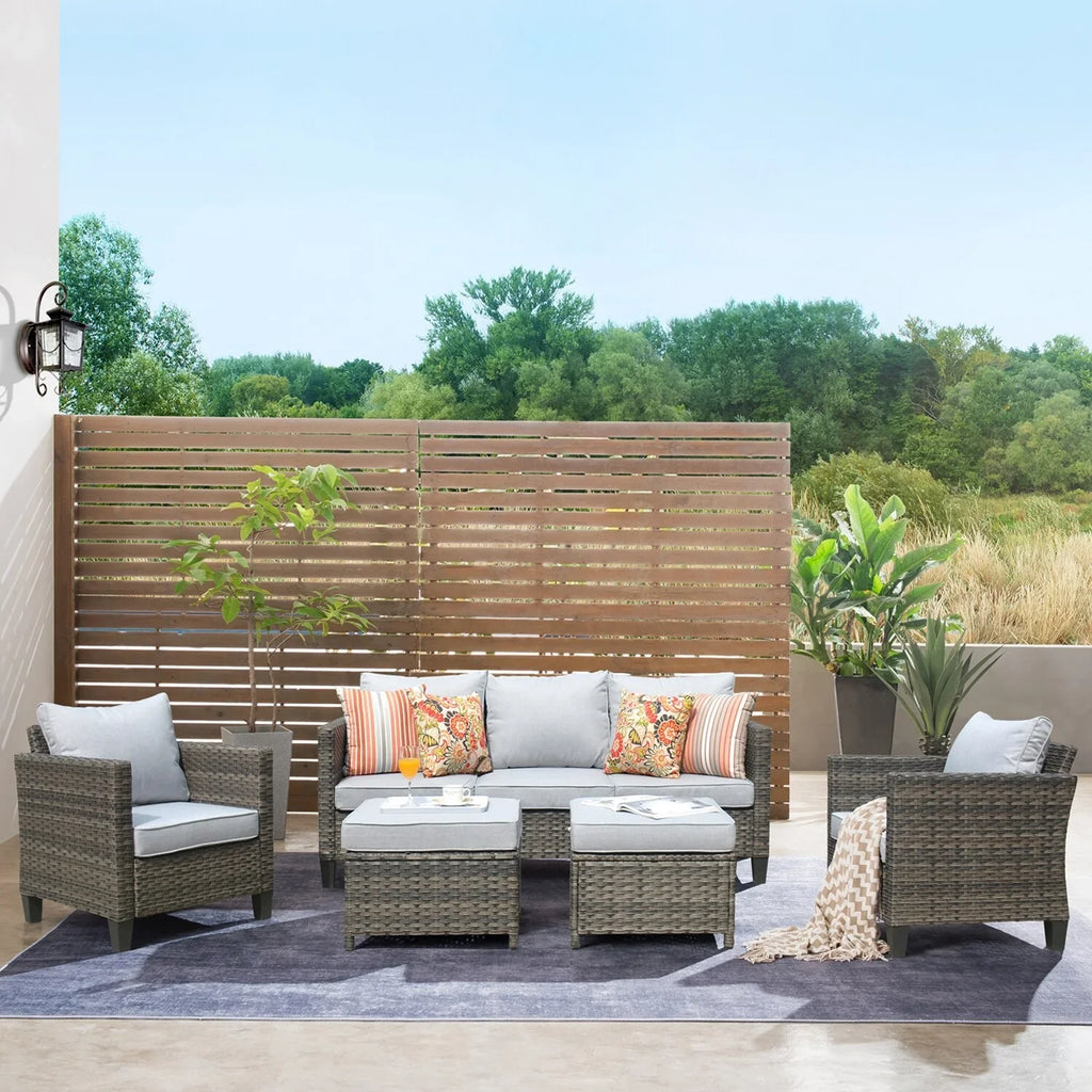 OVIOS  5-piece Patio Furniture Wicker Outdoor High-back Seating Set Grey/Black frame