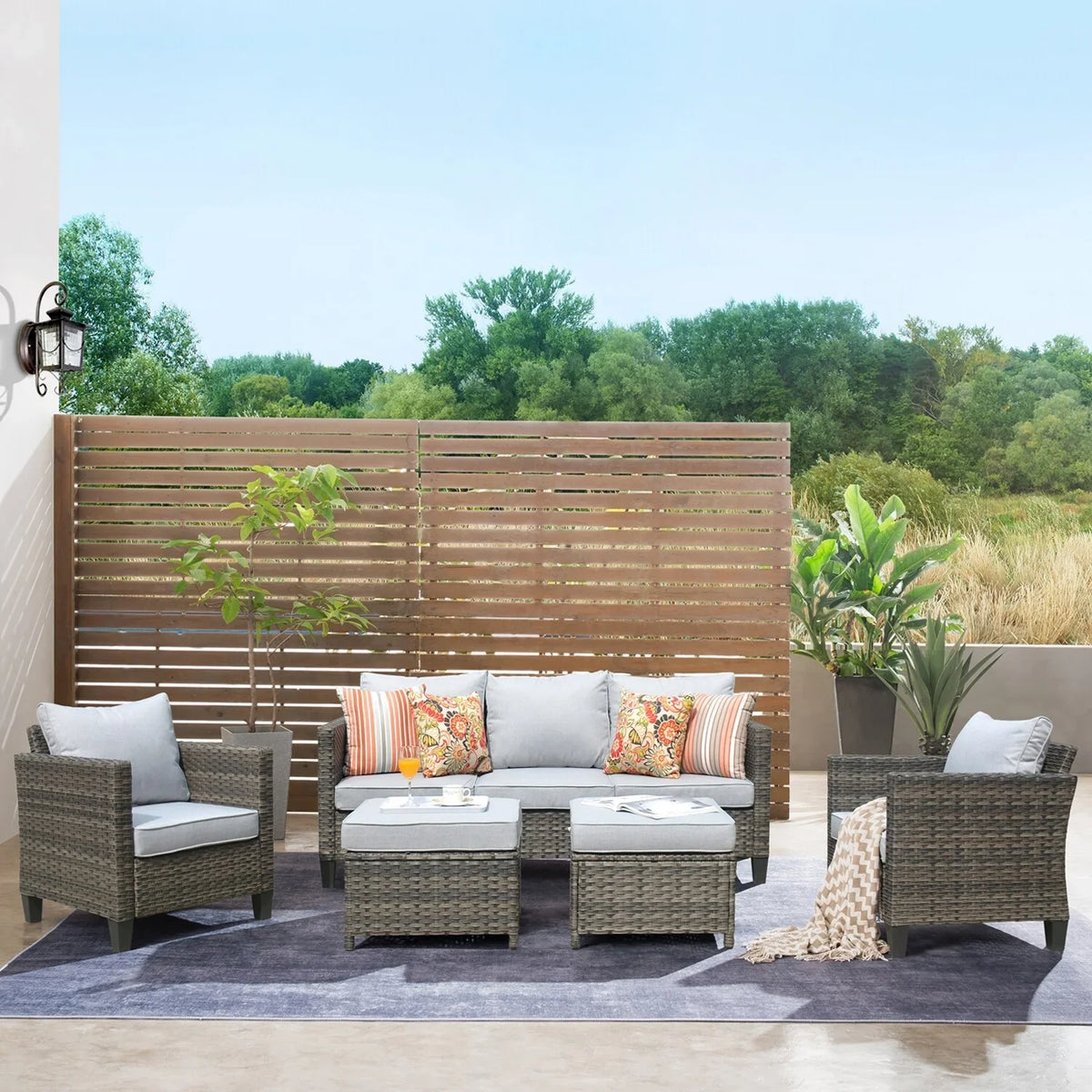 OVIOS  5-piece Patio Furniture Wicker Outdoor High-back Seating Set Grey/Black frame