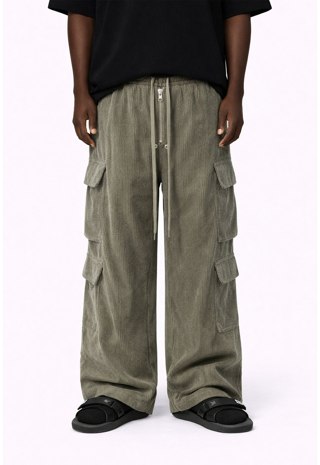 GREY CORDUROY DRAWSTRING CARGO PANTS
