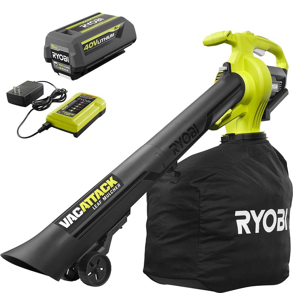 40V Vac Attack Cordless Leaf Vacuum/Mulcher with 5.0 Ah Battery and Charger RY40451