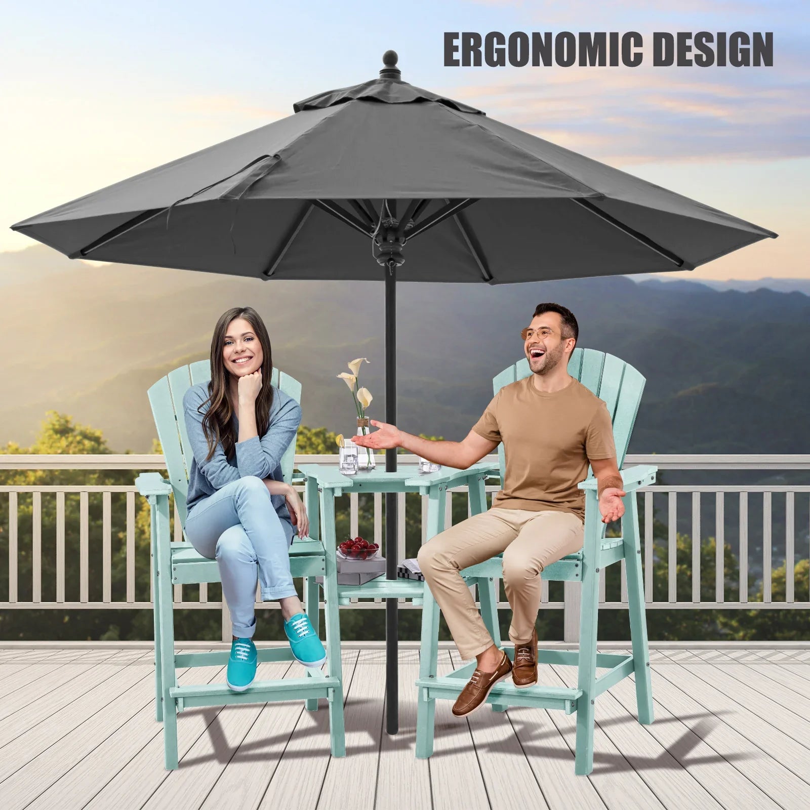 Tall Adirondack Chairs Set of 2，Outdoor Adirondack Barstools with Double Connecting Tray Patio Stools Weather Resistant for Outdoor Deck Lawn Pool Backyard, Aruba Blue
