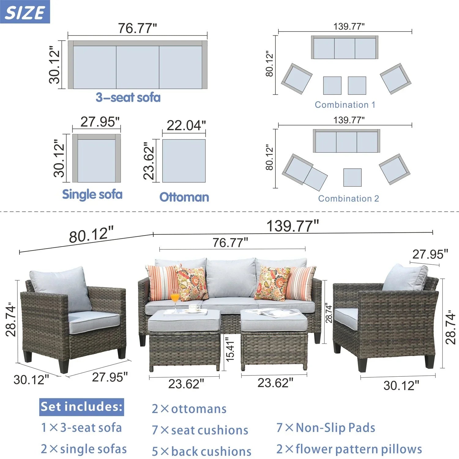 OVIOS  5-piece Patio Furniture Wicker Outdoor High-back Seating Set Grey/Black frame