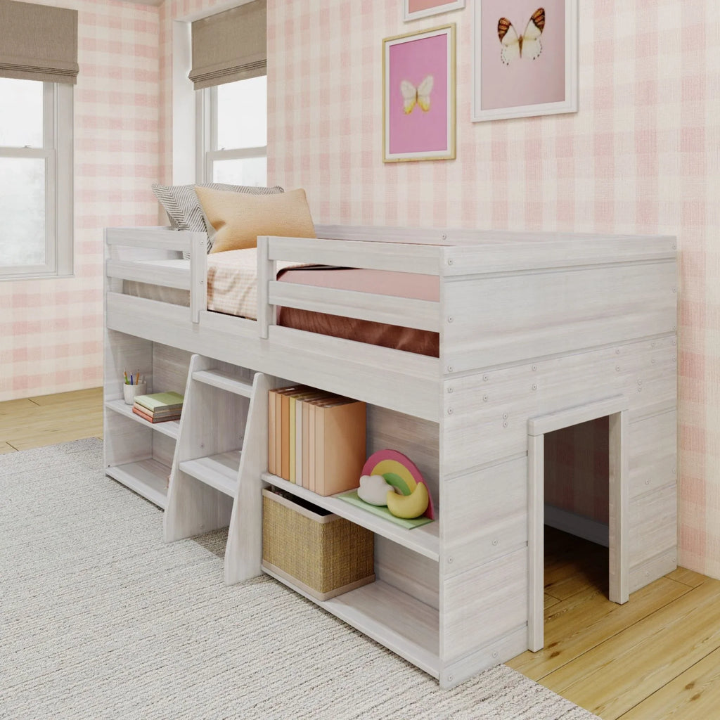 Max & Lily Modern Farmhouse Low Loft Bed, Twin Bed Frame for Kids with 2 Bookcases
