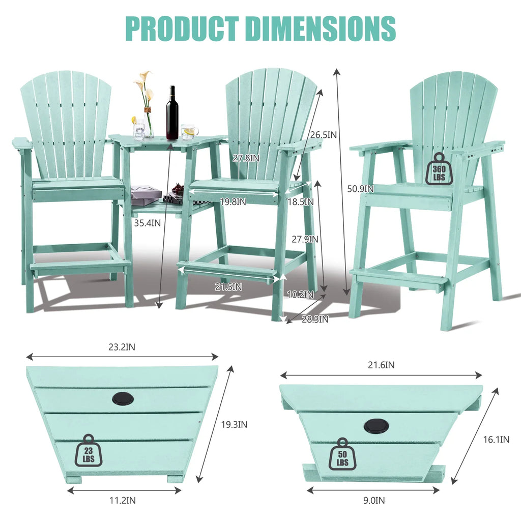 Tall Adirondack Chairs Set of 2，Outdoor Adirondack Barstools with Double Connecting Tray Patio Stools Weather Resistant for Outdoor Deck Lawn Pool Backyard, Aruba Blue