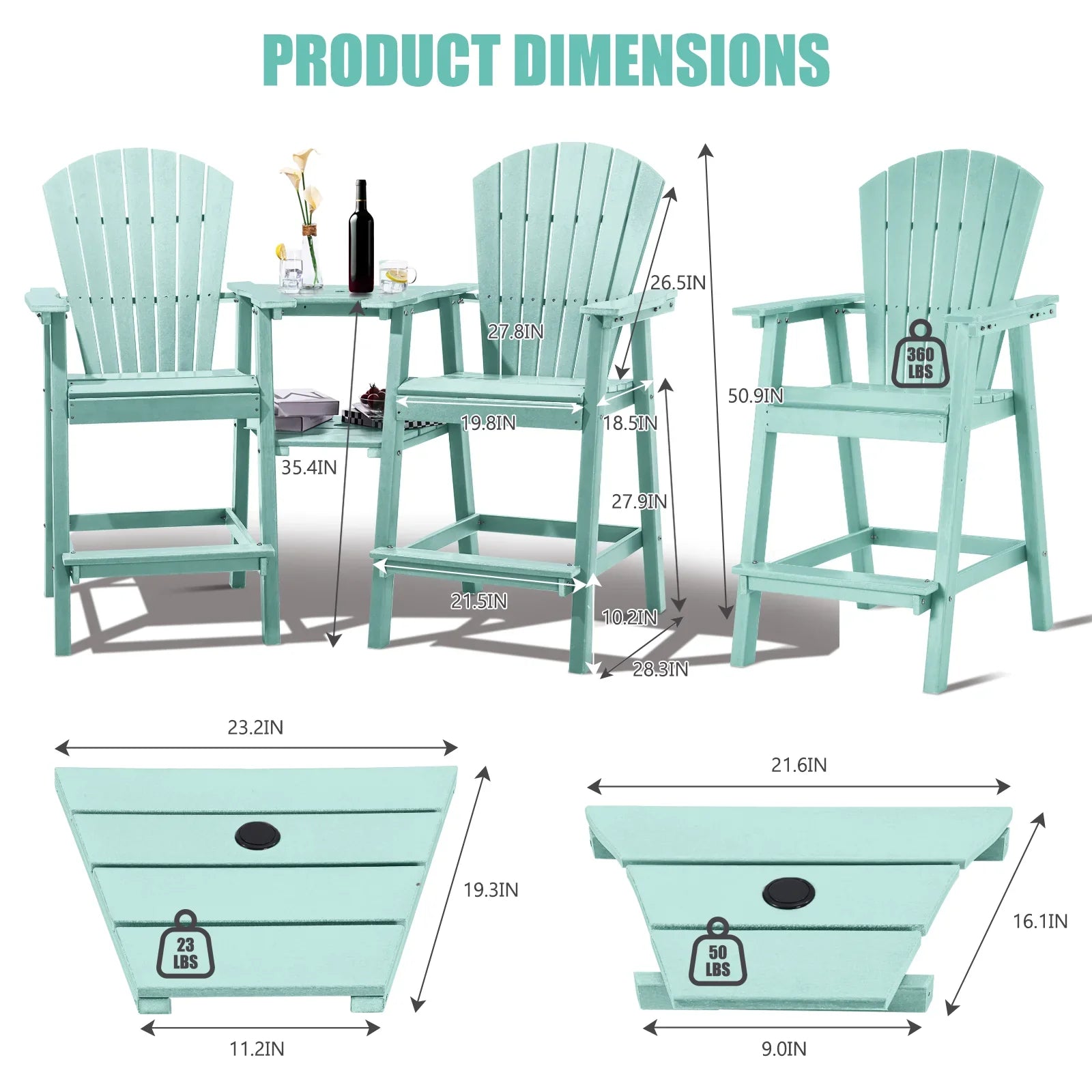 Tall Adirondack Chairs Set of 2，Outdoor Adirondack Barstools with Double Connecting Tray Patio Stools Weather Resistant for Outdoor Deck Lawn Pool Backyard, Aruba Blue