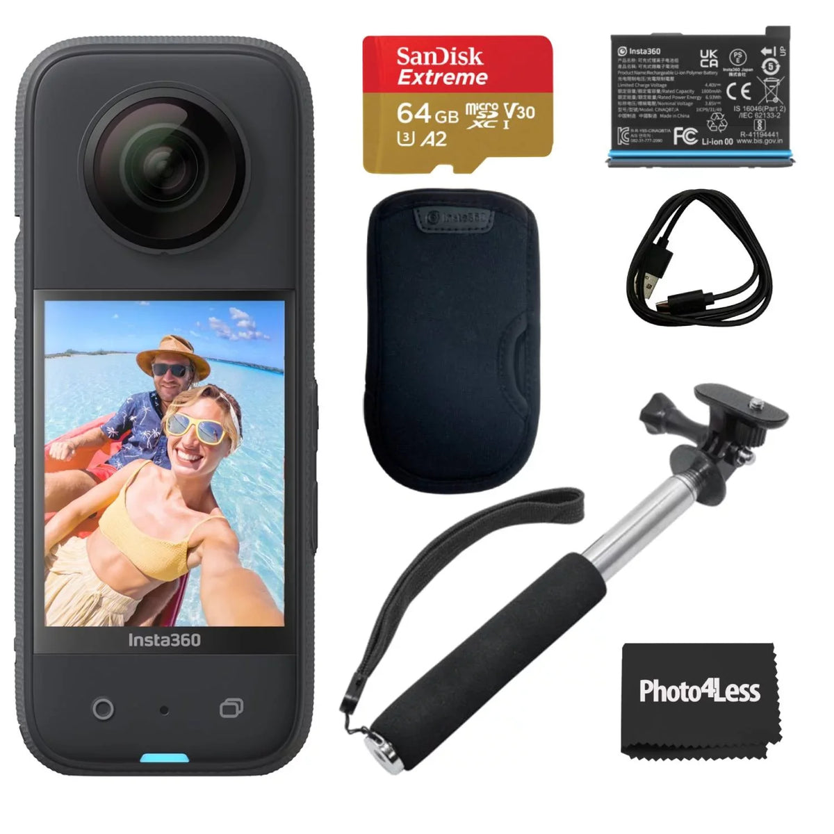 Insta360 X3 - Waterproof 360 Action Camera with 1/2" 48MP Sensors, 5.7K 360 Active HDR Video, 72MP 360 Photo, 4K Single Lens + 64GB SD Card + Handheld Monopod